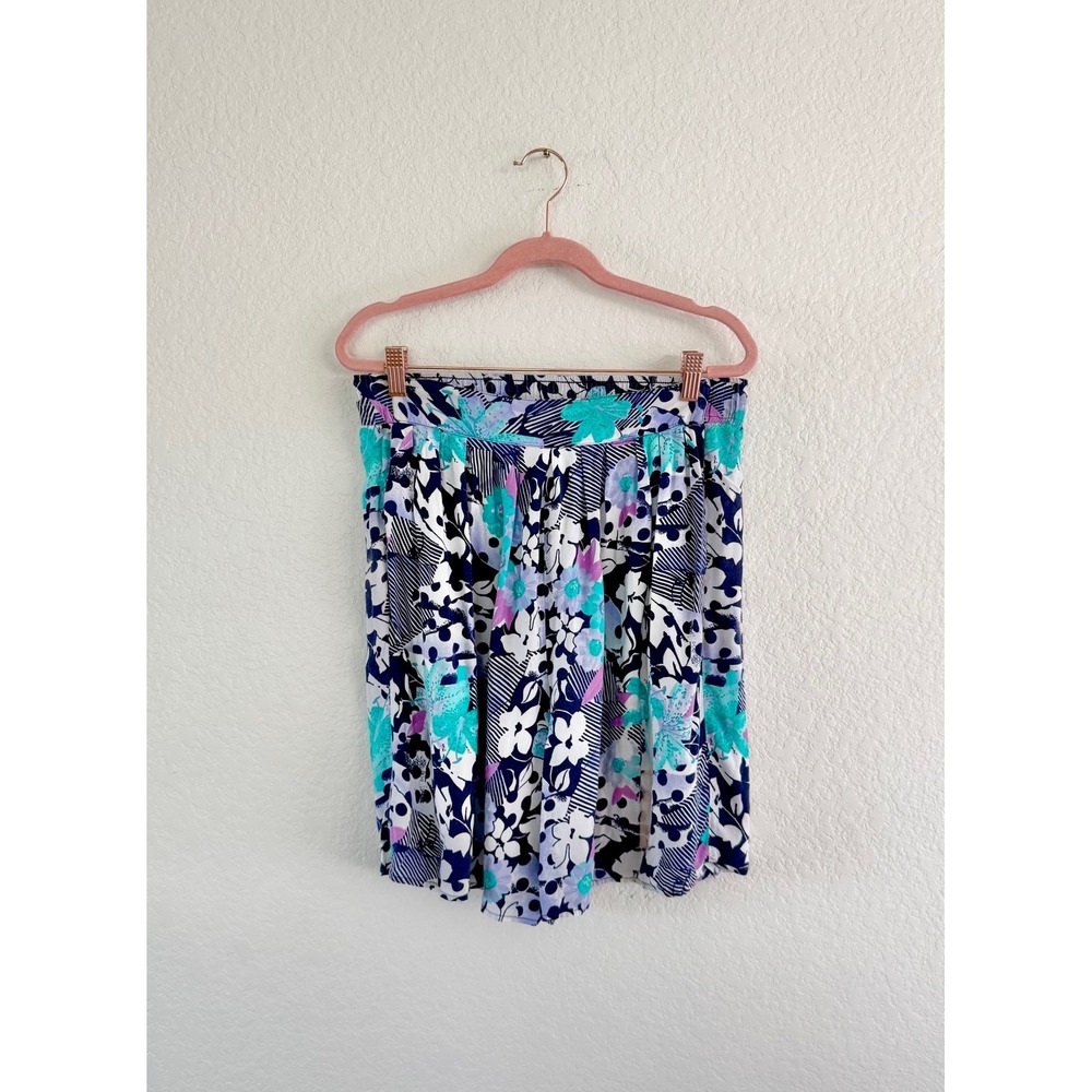 Vintage Tropical Floral Rayon Shorts Navy‎ Teal Purple Elastic Waist Size S